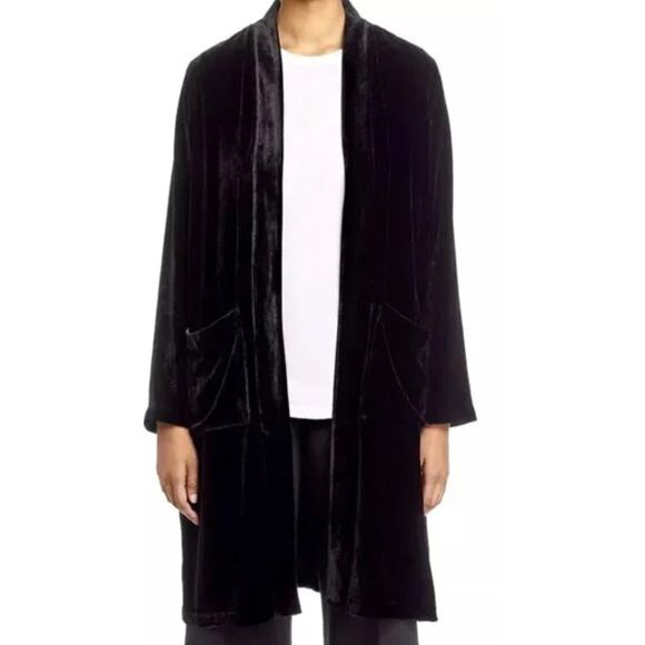 EILEEN FISHER Long Black Velvet Kimono Silk Blend Open Front Pockets Xlarge - Picture 4 of 5